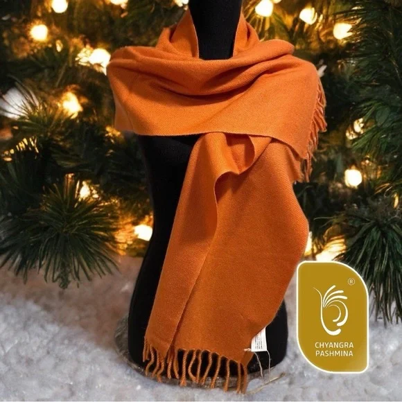 Certified 100%Cashmere Pashmina Nepal Lux WinterScarf Orange Fringe Handmade NWT
